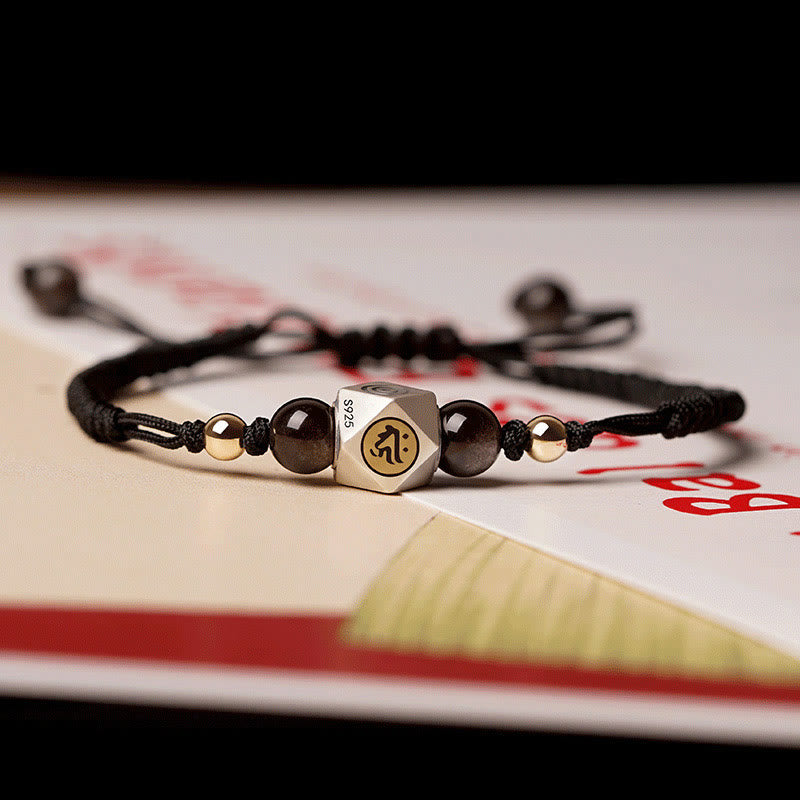 Fortune Jewel Handmade 925 Sterling Silver Chinese Zodiac Natal Buddha Cinnabar Calm Braided Bracelet