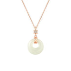 Fortune Jewel 925 Sterling Silver Hetian White Jade Coin Flower Peace Buckle Luck Necklace Pendant