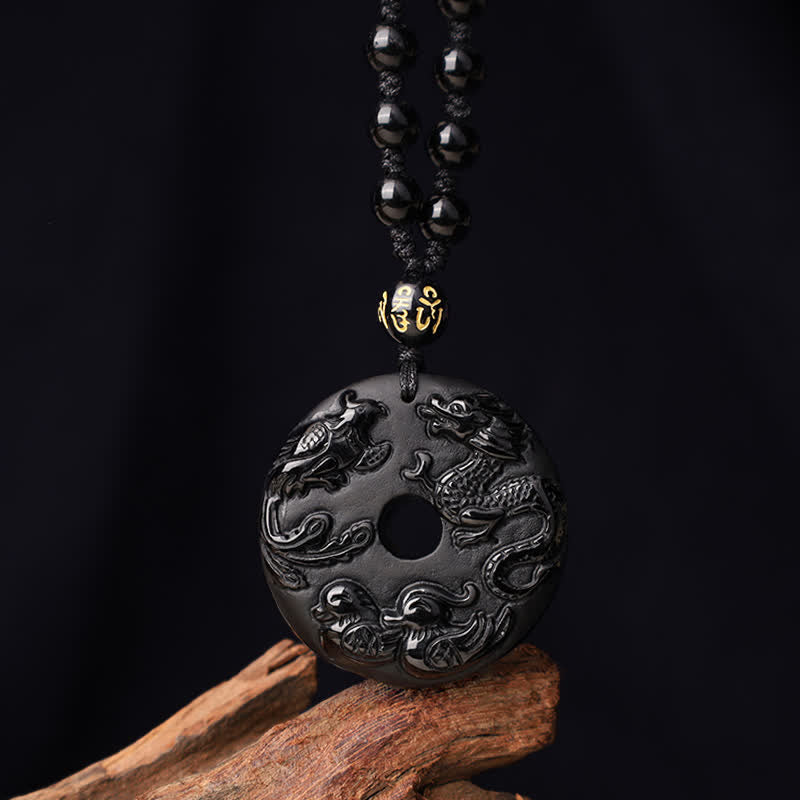 Fortune Jewel Black Obsidian Dragon Phoenix Mandarin Duck Luck Protection Necklace Pendant