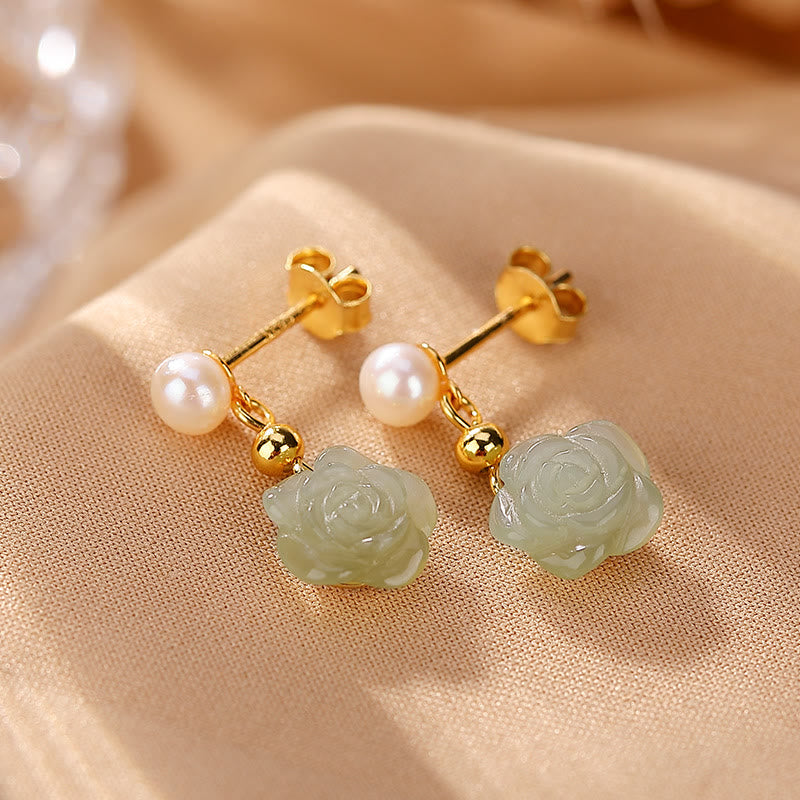 Fortune Jewel 925 Sterling Silver Plated Gold Jade Rose Flower Cyan Jade Pearl Luck Earrings