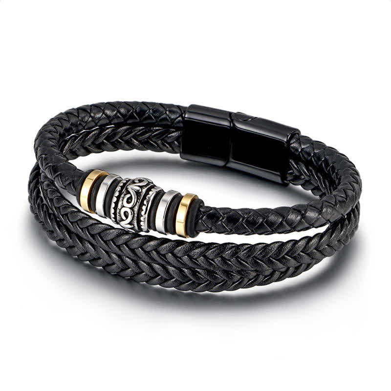 Fortune Jewel Leather Layered Titanium Steel Balance Braided Bracelet