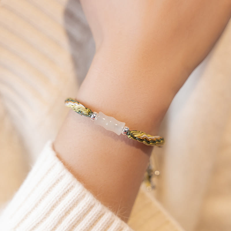 Fortune Jewel White Jade Bamboo Reincarnation Knot Wealth Luck Strength String Bracelet