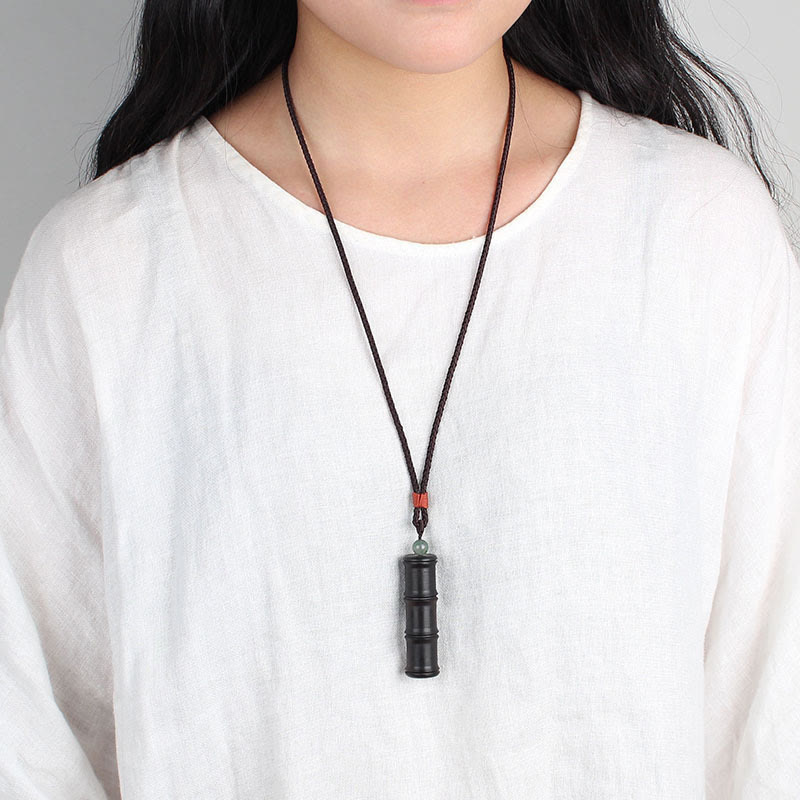 Fortune Jewel Ebony Wood Bamboo Pattern Ghau Prayer Box Peace Necklace Pendant