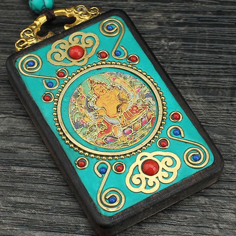 Fortune Jewel Tibet God Of Wealth Money Tree Golden Phoenix Thangka Ebony Peace Necklace Pendant