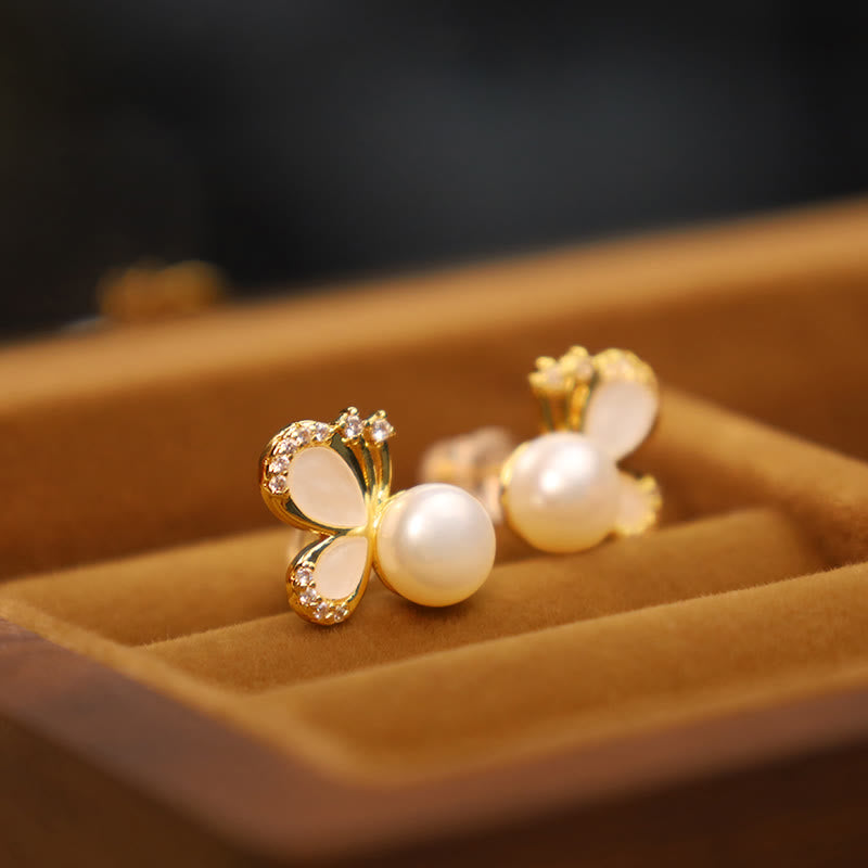 Fortune Jewel 925 Sterling Silver Posts 18K Gold Plated Copper Natural Pearl Butterfly Zircon Healing Stud Earrings