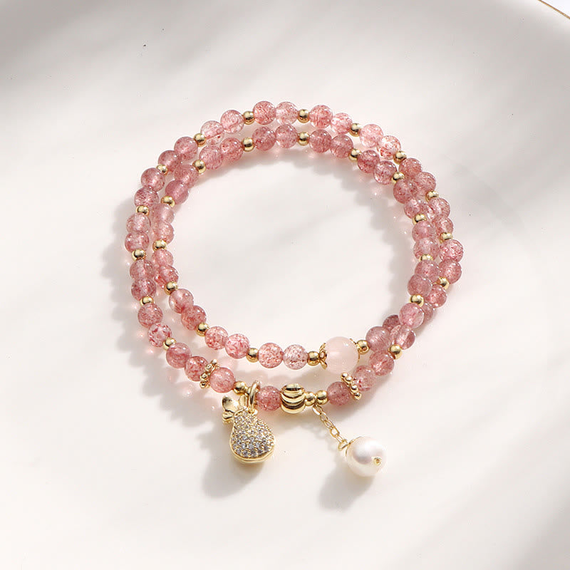 Fortune Jewel Strawberry Quartz Money Bag Positive Charm Double Wrap Bracelet