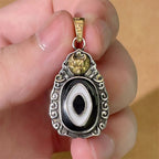 Fortune Jewel Tibet Dzi Bead Garuda Pattern Copper Metal Wealth Necklace Pendant