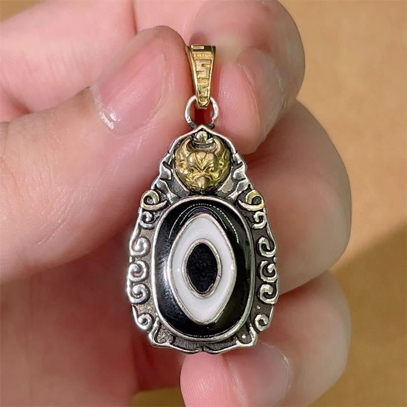 Fortune Jewel Tibet Dzi Bead Garuda Pattern Copper Metal Wealth Necklace Pendant