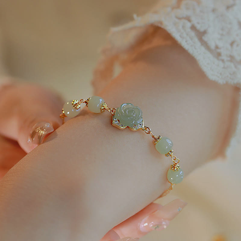 Fortune Jewel 14K Gold Plated Hetian Jade Rose Flower Luck Chain Bracelet