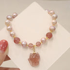 Fortune Jewel Natural Pearl Strawberry Quartz Cute Fox Love Healing Charm Bracelet