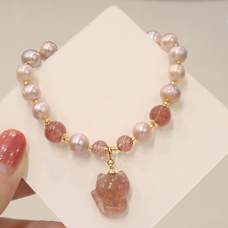 Fortune Jewel Natural Pearl Strawberry Quartz Cute Fox Love Healing Charm Bracelet
