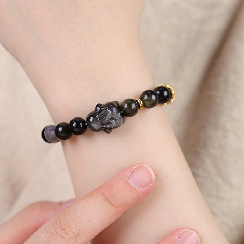 Fortune Jewel Gold Sheen Obsidian Black Obsidian Silver Sheen Obsidian Cute Rabbit Protection Bracelet