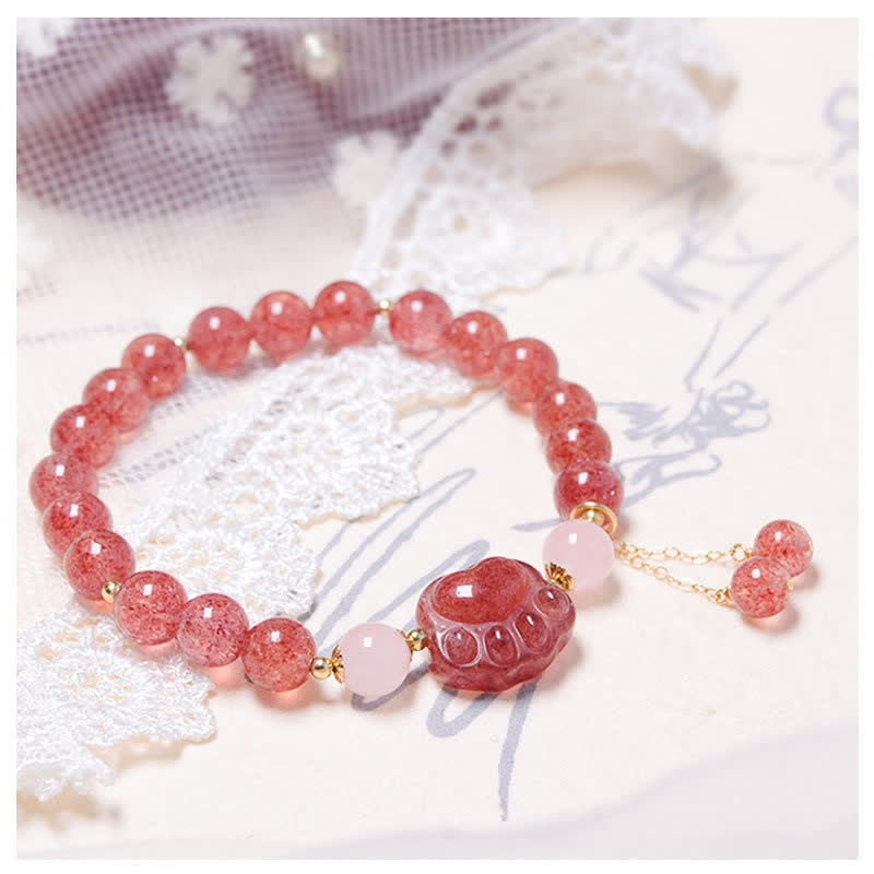 Fortune Jewel Natural Strawberry Quartz Pink Crystal Lucky Cat Paw Love Bracelet