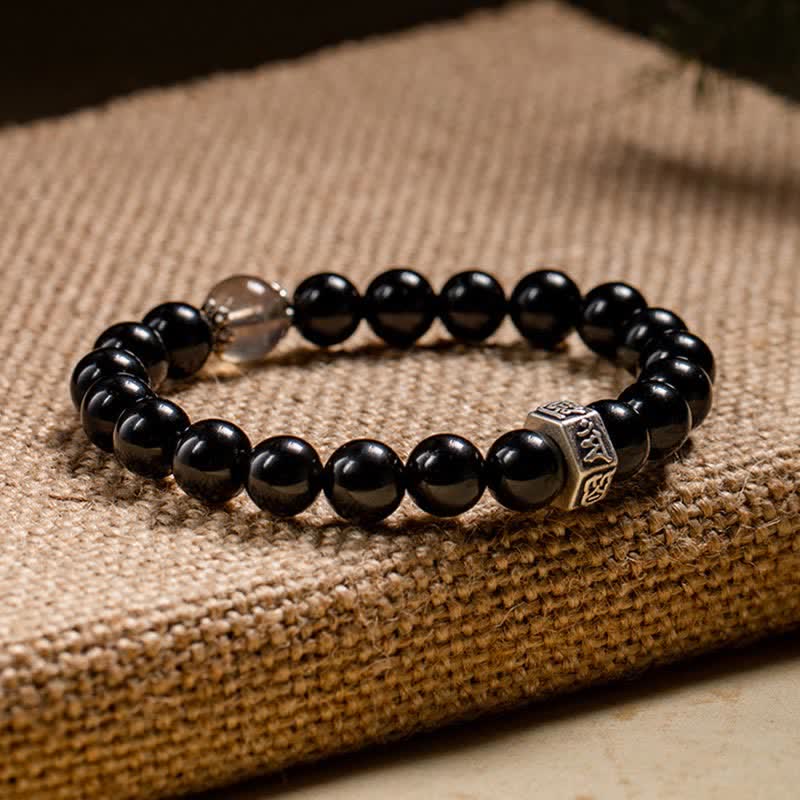 Fortune Jewel Chinese Zodiac Natal Buddha 925 Sterling Silver Black Obsidian Moonstone Strength Bracelet