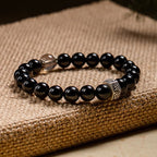 Fortune Jewel Chinese Zodiac Natal Buddha 925 Sterling Silver Black Obsidian Moonstone Strength Bracelet