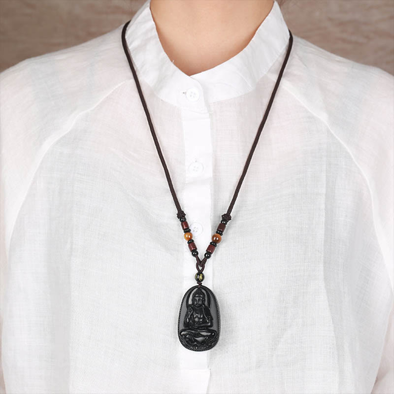 Fortune Jewel Chinese Zodiac Natal Buddha Natural Black Obsidian Purification Necklace Pendant