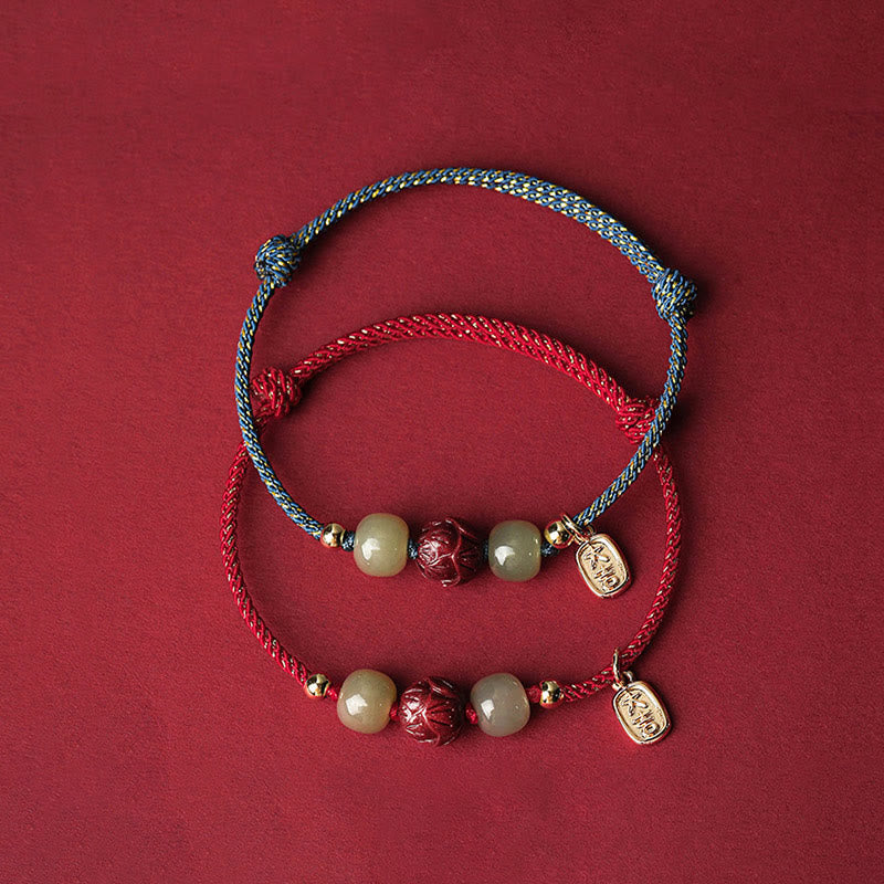 Fortune Jewel 14K Gold Plated Hetian Jade Cinnabar Lotus Luck Handcrafted Rope Bracelet