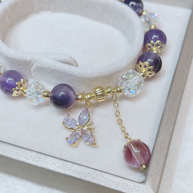Fortune Jewel Natural Amethyst Crystal Spiritual Butterfly Charm Bracelet