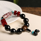 Fortune Jewel Tibetan Nine-Eye Dzi Bead Black Onyx Wealth Protection Bracelet