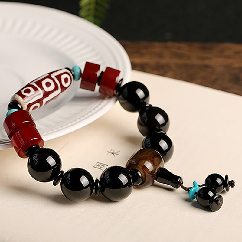 Fortune Jewel Tibetan Nine-Eye Dzi Bead Black Onyx Wealth Protection Bracelet