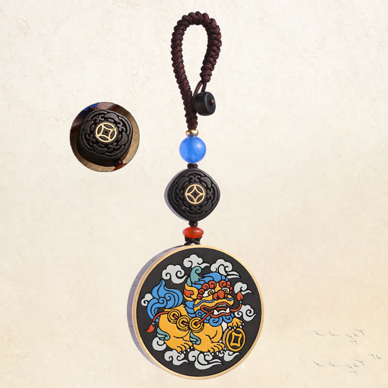 Fortune Jewel PiXiu Copper Coin Ebony Wood Luck Attract Wealth Key Chain Decoration