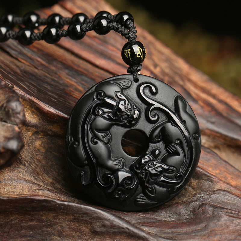 Fortune Jewel Natural Black Obsidian Peace Buckle Pixiu Bead Rope Strength Necklace Pendant