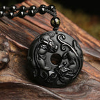 Fortune Jewel Natural Black Obsidian Peace Buckle Pixiu Bead Rope Strength Necklace Pendant