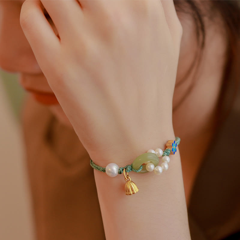 Fortune Jewel Natural Hetian Jade Peace Buckle Pearl Luck Handcrafted Braided Bracelet