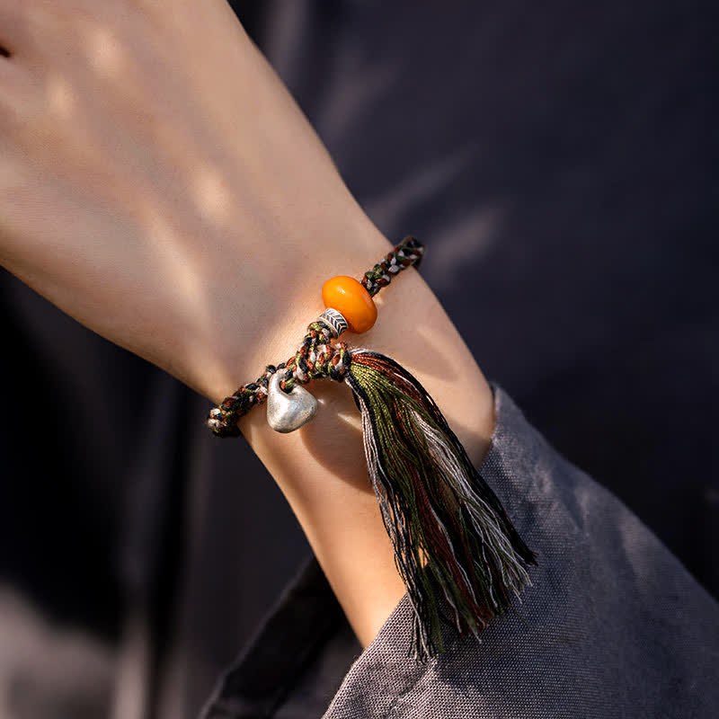 Fortune Jewel 990 Sterling Silver Tibetan Handmade Amber Steelyard Weight Wish Protection Bracelet