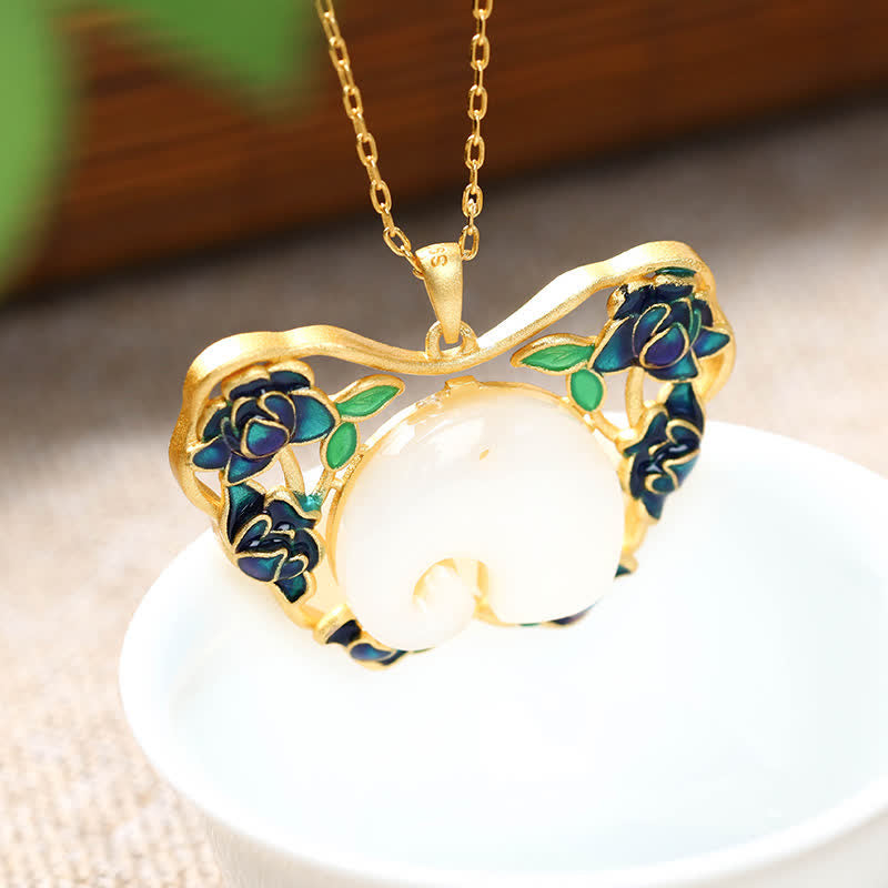 Fortune Jewel White Jade Elephant Butterfly Lotus Success Necklace Chain Pendant
