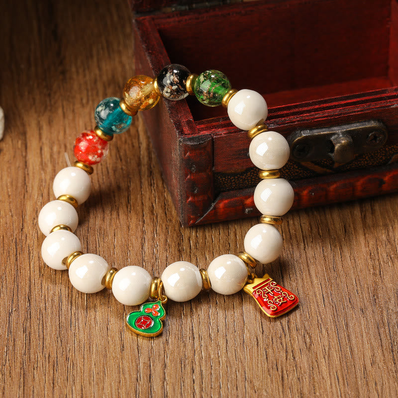Fortune Jewel Tibetan Incense Ash Porcelain Luminous Fluorescent Liuli Glass Bead Gourd Copper Coin Charm Peace Bracelet