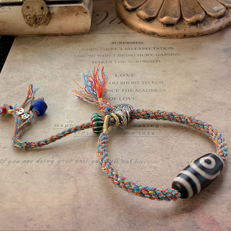 Fortune Jewel Tibetan 925 Sterling Silver Om Mani Padme Hum Handmade Dzi Bead Protection Braid Bracelet