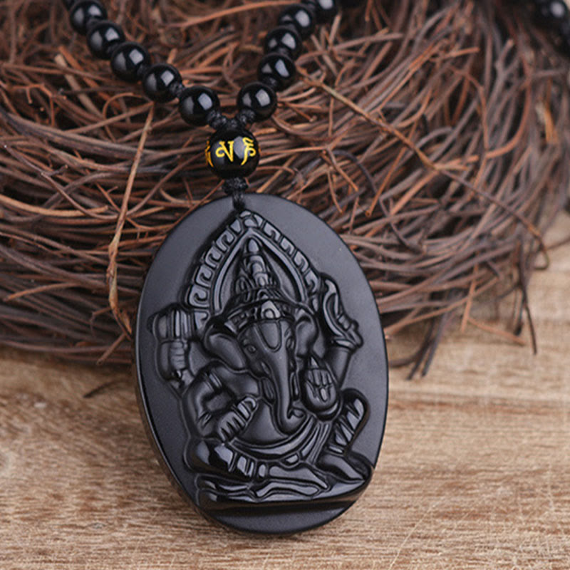 Fortune Jewel Tibetan Obsidian Ganesh Ganpati Elephant Wealth Amulet Necklace