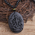 Fortune Jewel Tibetan Obsidian Ganesh Ganpati Elephant Wealth Amulet Necklace