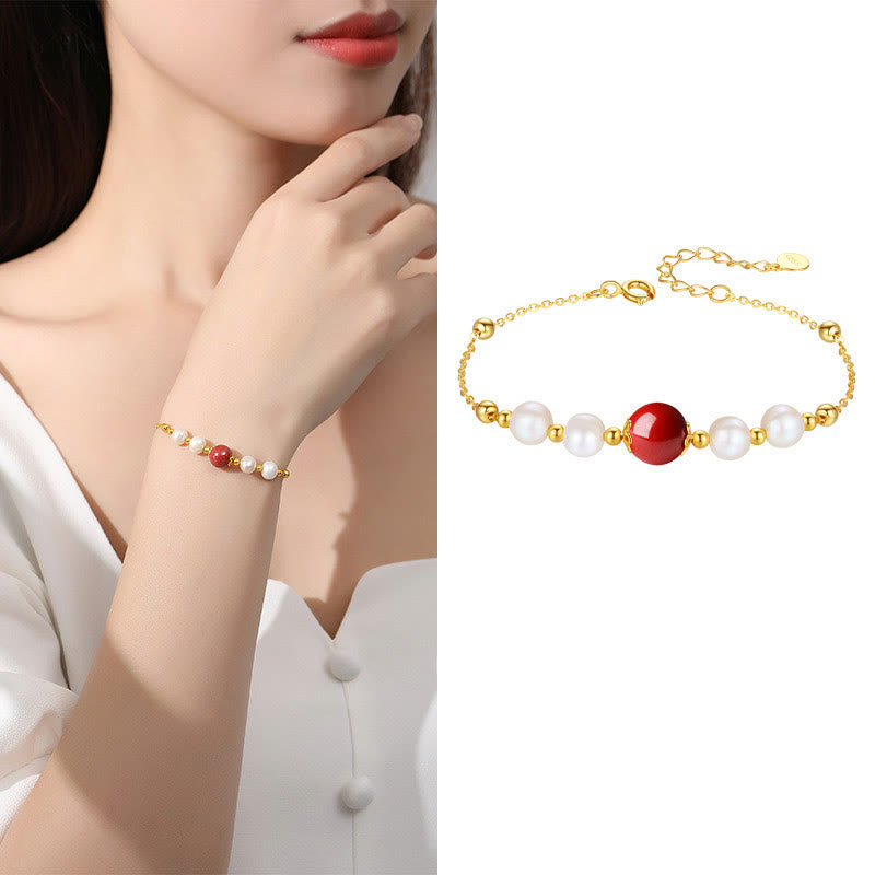 Fortune Jewel 925 Sterling Silver Pearl Cinnabar Healing Bead Chain Bracelet
