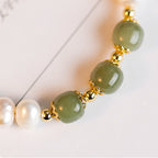 Fortune Jewel 14K Gold Plated Natural Pearl Hetian Cyan Jade White Jade Sincerity Bead Chain Bracelet