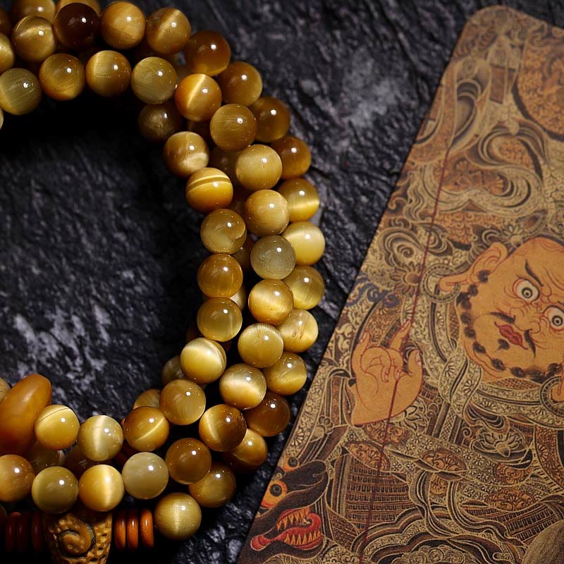 Fortune Jewel 108 Mala Beads Natural Tiger Eye Copper Dorje Protection Tassel Bracelet