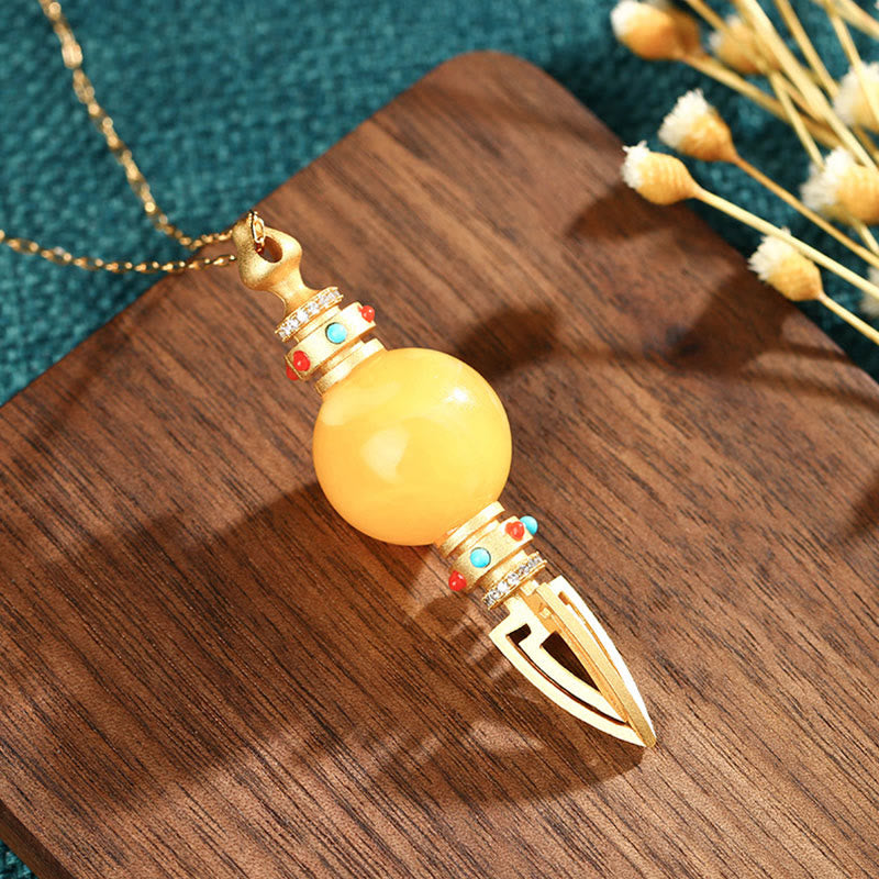 Fortune Jewel 24K Gold Plated Amber Dorje Vajra Clear Anxiety Necklace Pendant