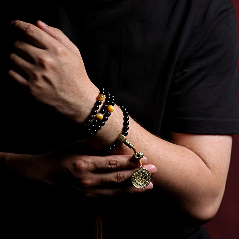 Fortune Jewel Tibetan 108 Mala Beads Black Onyx Tiger Eye Beads Nine Palaces Bagua Protection Bracelet