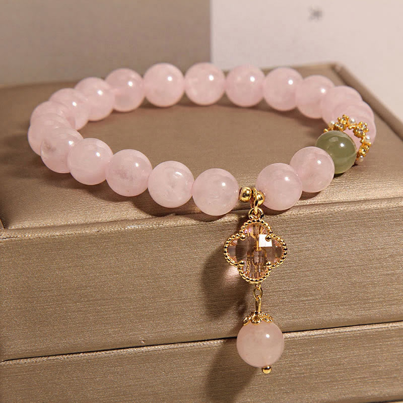 Fortune Jewel Natural Pink Crystal Four Leaf Clover Soothing Bracelet