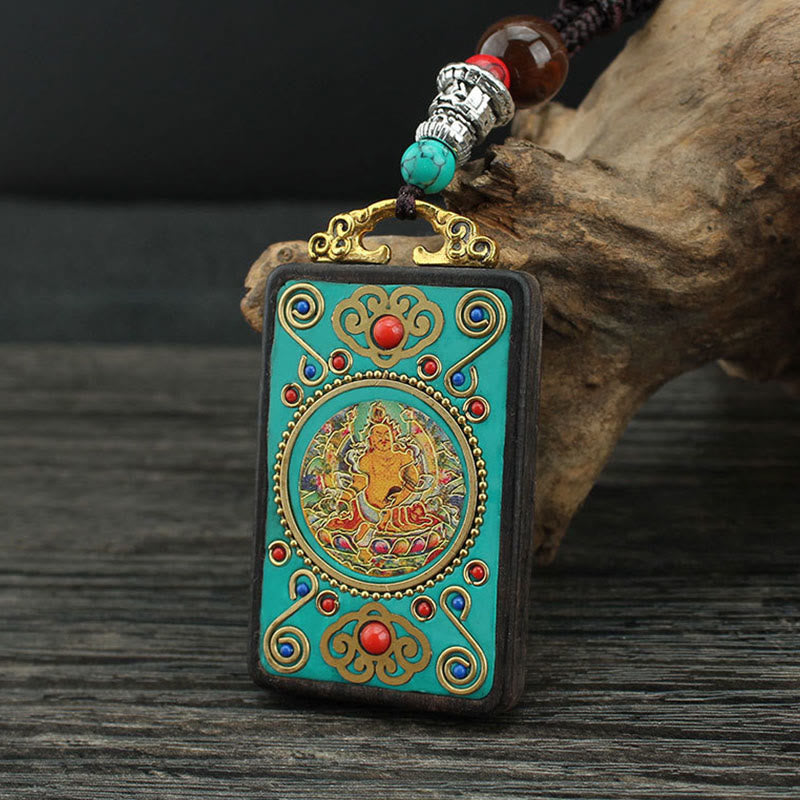 Fortune Jewel Tibet God Of Wealth Money Tree Golden Phoenix Thangka Ebony Peace Necklace Pendant