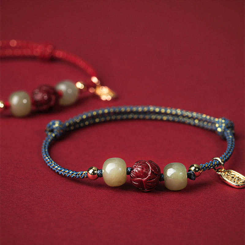 Fortune Jewel 14K Gold Plated Hetian Jade Cinnabar Lotus Luck Handcrafted Rope Bracelet