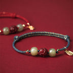 Fortune Jewel 14K Gold Plated Hetian Jade Cinnabar Lotus Luck Handcrafted Rope Bracelet
