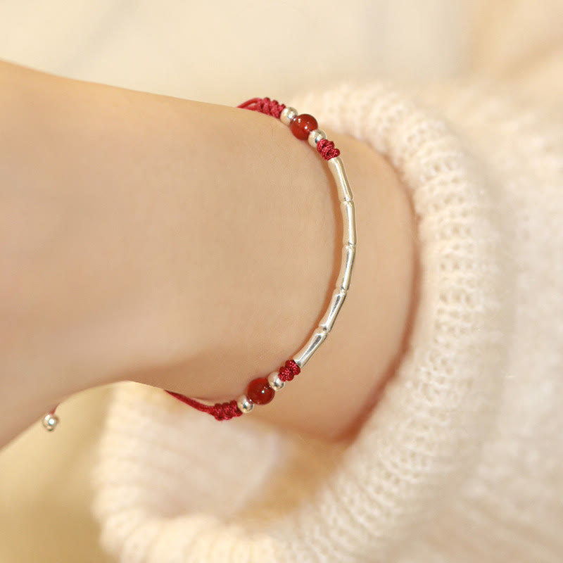 Fortune Jewel 925 Sterling Silver Bamboo White Agate Red Agate Bead Protection String Braided Bracelet