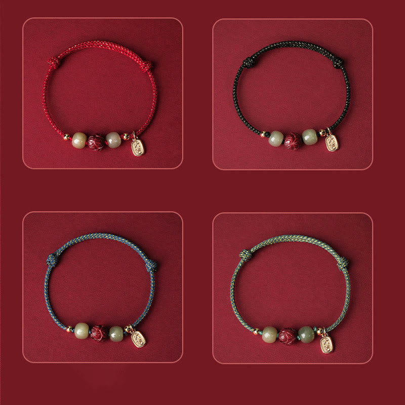 Fortune Jewel 14K Gold Plated Hetian Jade Cinnabar Lotus Luck Handcrafted Rope Bracelet