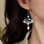 Fortune Jewel Copper Fan Auspicious Clouds Pearl Healing Drop Earrings