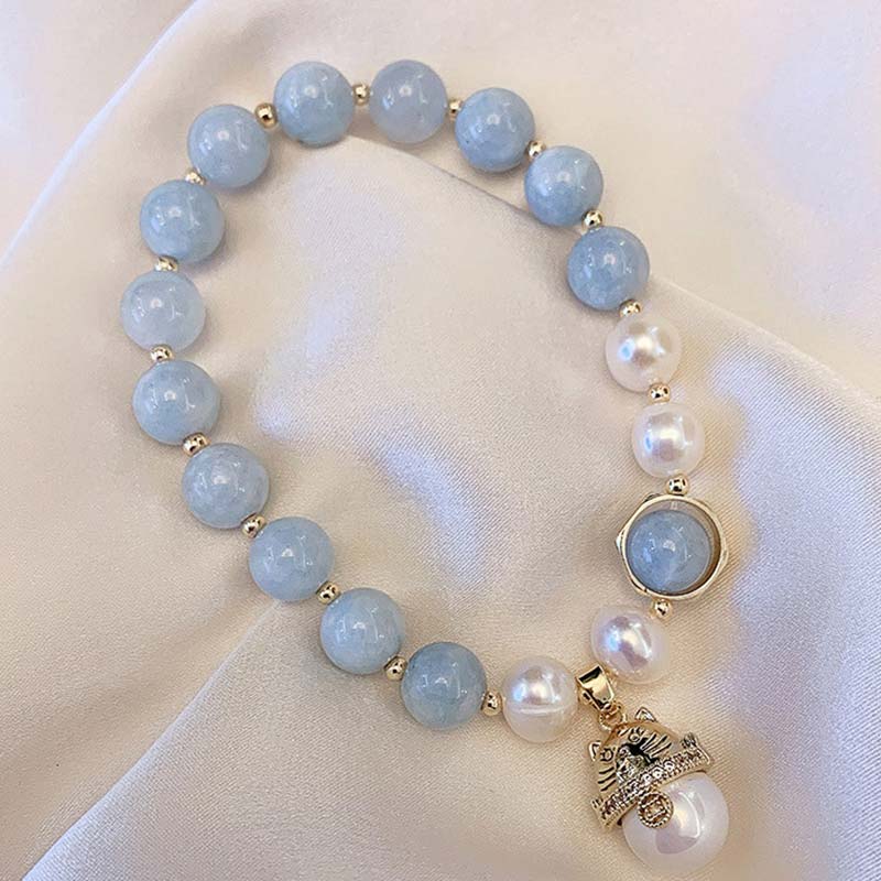 Fortune Jewel Aquamarine Pearl Peace Healing Lucky Cat Charm Bracelet