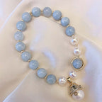Fortune Jewel Aquamarine Pearl Peace Healing Lucky Cat Charm Bracelet