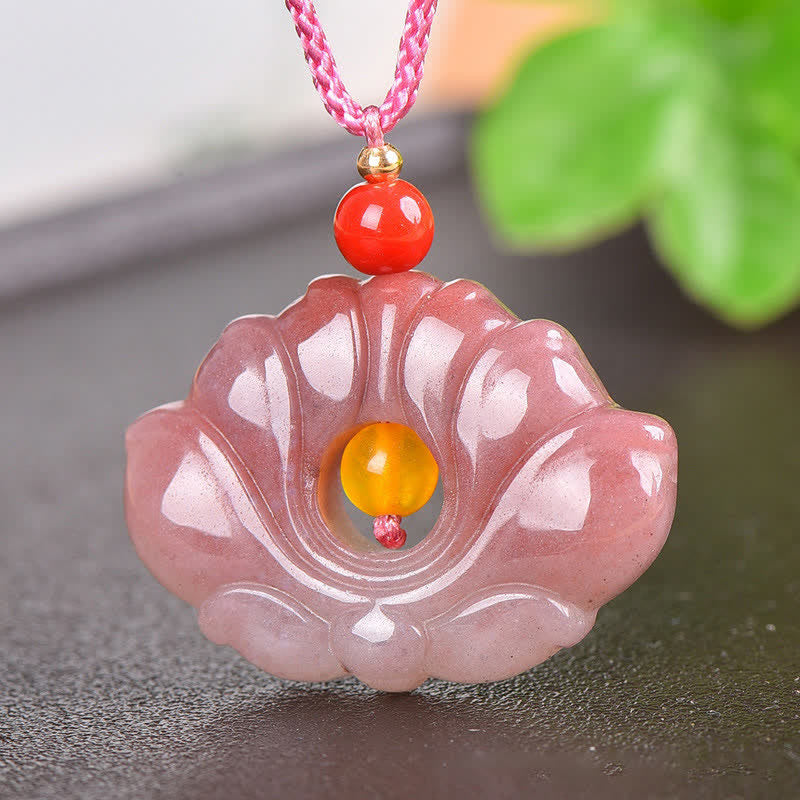 Fortune JewelPink Golden Silk Jade Lotus Flower Wealth Necklace Pendant Fortune Jewel
