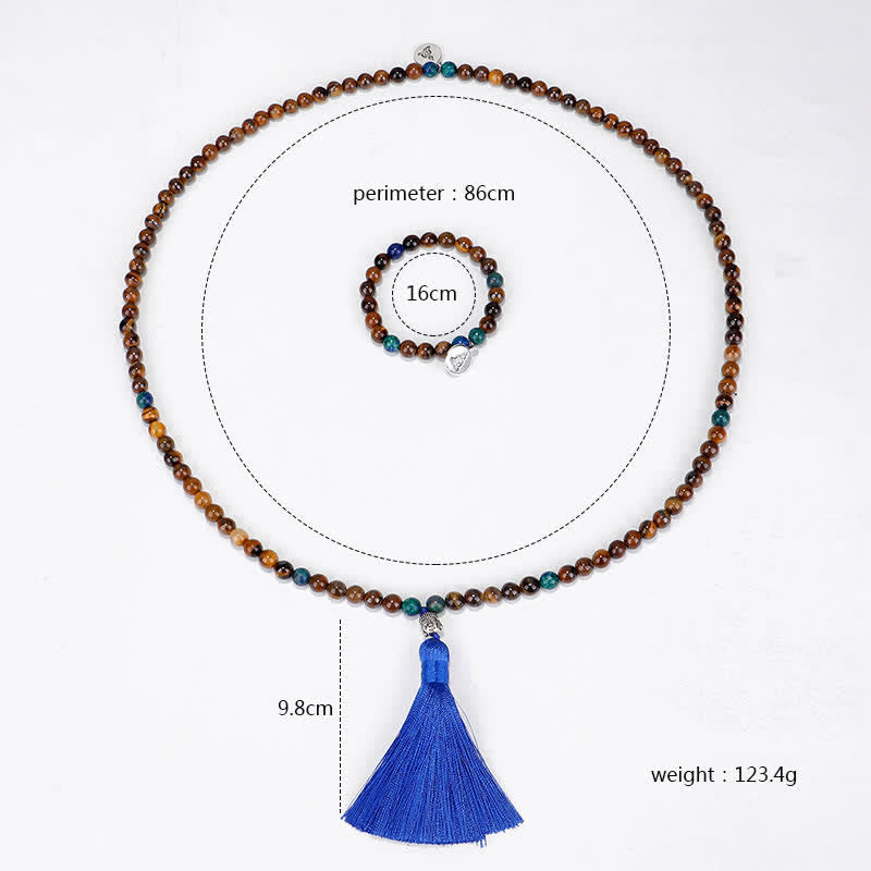 Fortune Jewel 108 Mala Beads Tiger Eye Buddha Strength Bracelet Tassel Necklace Pendant